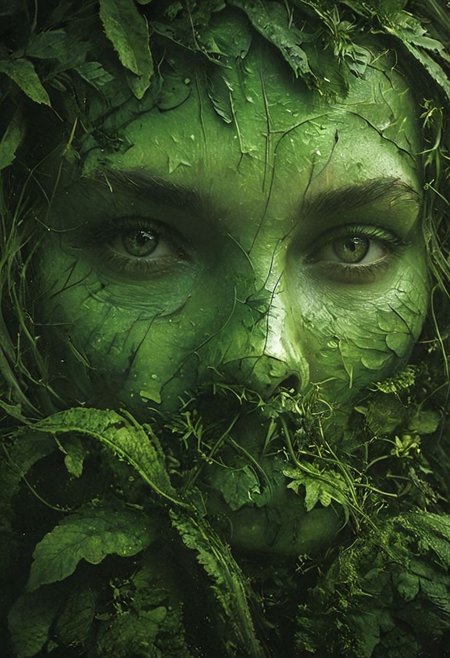 Capture a stunning Closeup of an ethereal midsummer witch upon a hill,  from a mushroom in an eerie little beautiful Nature wood, armored dark Spirit wearing hooded Linen cape designed By Studio ghibli, masked with a Bright wooden birch Mask shaped Like a leaf,  very detailed and vibrant outworn but colorful, She is wearing armor made entirely of grass, both dried and fresh. The grass is meticulously laid over her arms and limbs, securely fastened with ancient leather straps. , wielding colorful two-toned giant sword, 
very detailed, Shot in UHD