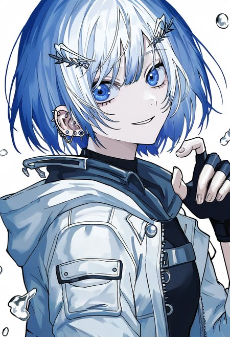 blue eyes, gloves, solo, piercing, fingerless gloves, ear piercing, earrings, jewelry, looking at viewer, white hair, blue hair, 1girl, hair ornament, smile, black gloves, bangs, short hair, jacket, parted lips, white jacket, white background, hood <lora:shiunXL_NB11_lokr_V6311P:0.95>