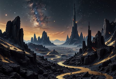 realistic, RAW photo, high quality, Stable_Yogis_PDXL_Positives, drone photo of a huge <lora:haloring-halo-richy-v1_pdxl:0.1> hlrng, horizon, starry sky, mountainous horizon, scenery,, dark, darkness, night, night sky, star \(sky\), nebula, galaxy,<lora:Night_Time_City_from_Space:0.5> rnewe, <lora:Low-key lighting Style:1.0> Low-key lighting Style,<lora:Rainbow_Morph_-_bring_sunglasses:0.8>, <lora:cwhyberponk:0.6> cwhyberponk,<lora:ck-nc-cyberpunk-IL:1> in the style of cknc vast city with milky way stars,tall skyscrapers, in <lora:Hyperrealism style v3:0.9> Hyperrealism style, featuring <lora:depths_of_h3ll:0.5> depths of h3ll,<lora:blackgold:0.6> Everything in black, everything in gold, black color aesthetic, gold color aesthetic, black theme, gold theme