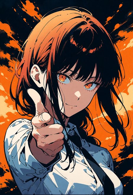 1girl, Makima from Chainsaw Man, upper body, white shirt, orange theme, collared shirt, black tie, expressionless smile, looking at viewer, finger gun at viewer, pointing at something with a finger!, orange background, paint stains in background, psychedelic background, colorized manga artstyle, masterpiece, best quality, very aesthetic, absurdres, <lora:add-detail-xl:1>,  <lora:MJ52:0.25>,  <lora:d4rk01lXLP:0.60> d4rk01l,  <lora:fingergun:0.8>