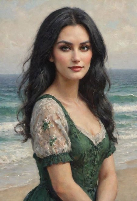 portrait painting of a 30 year old woman, long black hair, thin heart-shaped face, cheekbones, deep-set eyes, small dark green eyes, perfecteyes, thin lips, the upper lip is thinner than the lower lip, soft smile, victorian dress, posing on the coast of cornwall, sunrise, marine art, Style-Autumn