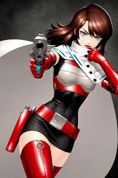 masterpiece, best quality, amazing quality, very aesthetic, absurdres, newest, SMTHEROI, 1girl, solo, medium hair, long hair, straight hair, brown hair, grey eyes, red lipstick, red neck armor, (white short cape, blue tape trim, buttons), (red breastplate, ((grey breast pads))), black camisole dress, short black sleeves, elbow gloves, grey elbow pads, red belt, holster, (red thigh boots, zipper), grey kneepads, cowboy shot, action pose, dynamic pose, dash slide, holding, sci-fi handgun, aiming at viewer, dutch angle, dark misty background, looking at viewer