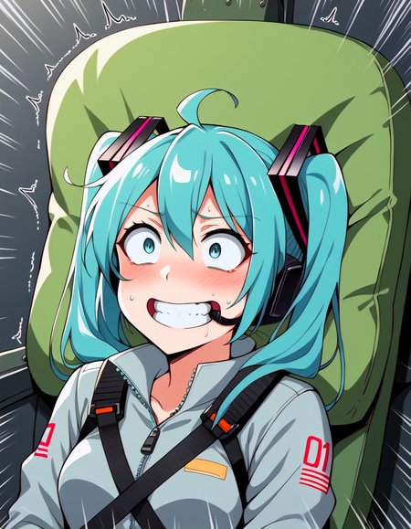 score_9 BREAK
 gf0rc3xl, 1girl, hatsune miku, pilot chair, cockpit, seatbelt harness, seatbelt, clenched teeth, (head thrown back:0.6), (gaping mouth:0.8), (full body:1.1), (three-quarter view), (motion lines:1.2), (speed lines:1.2), head on pillow, from side, holding on, clenched fists, constricted pupils, (trembling:1.2),  <lora:2024-04-18_21-34-37-save-1210-22-0:1.2>
