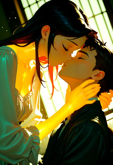 romance, intimate, couple, 1boy, 1girl, passionate kiss, embracing, tender touch, gazing into each other's eyes,Rapscallionstyle, detailed, tfaix, 8k, (masterpiece, blurry, bokeh, best quality, film_grain, highly detailed, high-resolution, detailed texture, absurdres, 3D illustration, best quality, amazing quality, very aesthetic, absurdres, newest, scenery, volumetric lighting, HDR, chiaroscuro, vignetting, dutch angle, depth of field))
,soft lighting, warm colors, depth of field, blurred background, close-up, sensual, romantic atmosphere, delicate fabrics, elegant attire, natural beauty, glowing skin, serene expression, intimate moment, gentle shadows, tender caress, 
BREAK, beautiful detailed eyes, detailed skin, detailed hair, dappled light, light particles, dramatic shadows, cinematic lighting, depth of field,,