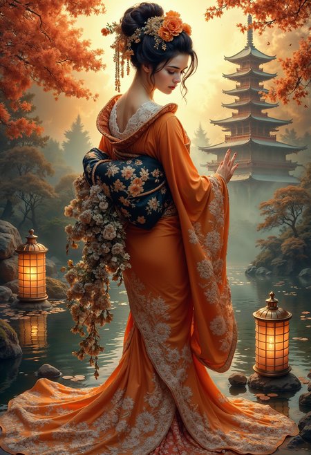 Ornate japanese Geisha in orange black white and golden dress, lace art, golden intricate motifs, lanterns and candles, lilly pond, castle made of rainbow, garden background, dark hair, dark fantasy, intricate details, hyper detailed, Jean Baptiste Monge, Carne Griffiths, Michael Garmash, seb McKinnon, masterpiece