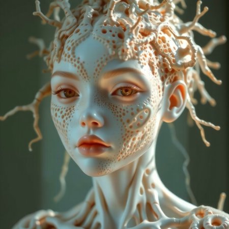 breathtaking Feast your eyes upon this astonishingly lifelike sculpture of a synthetic coral girl, whose organic form has been expertly molded to mimic the complex structure of a neural network. Devoid of hair, her mechanical visage boasts an unsettling yet captivating pattern of trypophobic indentations, drawing the viewer in with a magnetic pull. Crafted from lustrous white porcelain, her flawless skin reflects the soft glow of natural lighting, casting intricate shadows that reveal the staggering level of detail contained within. Boasting razor-sharp focus and hyperrealistic textures, this masterwork pushes the limits of photorealism to previously unexplored heights. Every minute crease and fold has been meticulously reproduced, resulting in an incredibly lifelike representation that seems almost poised to spring forth from the screen. Shot using top-of-the-line DSLR equipment capable of recording in 8K UHD and HDR, this ultra-detailed image possesses a breathtaking clarity and depth rarely achieved in digital media. . award-winning, professional, highly detailed  <lora:scifi/moxiePunk_v20.safetensors:1.0>,  <lora:flux/Realism 2>, <lora:fantasy_portrait_by_cosmic>,