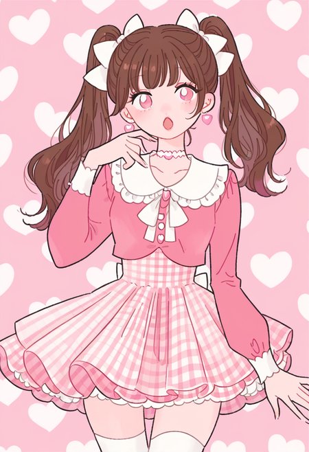 score_9, score_8_up, score_7_up, score_6_up, source_anime, <lora:rikuwo_v0.3-pony:1>
1girl, solo, long hair, looking at viewer, open mouth, bangs, brown hair, thighhighs, long sleeves, dress, bow, twintails, jewelry, hair bow, heart, cowboy shot, earrings, frills, choker, hand up, pink eyes, :o, white thighhighs, plaid, pink background, white bow, pink dress, lace, pink theme, heart earrings, heart background, plaid dress