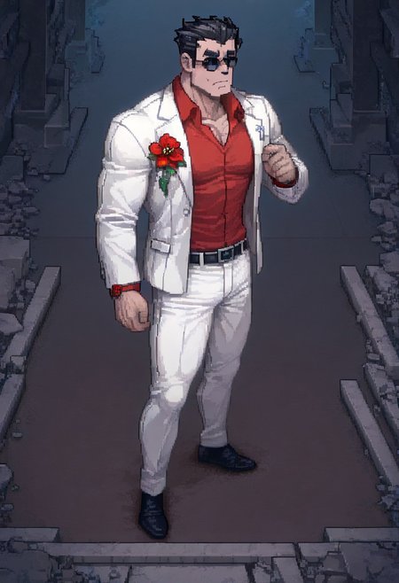 masterpiece, best quality, newest, absurdres, highres, PCSVIL-V1.0, pixel art, 1boy, helltaker (helltaker), black hair, short hair, muscular, muscular male,
sunglasses, glasses, 
white jacket, white pants, black belt, red shirt, formal clothes, flower in clothes, open jacket