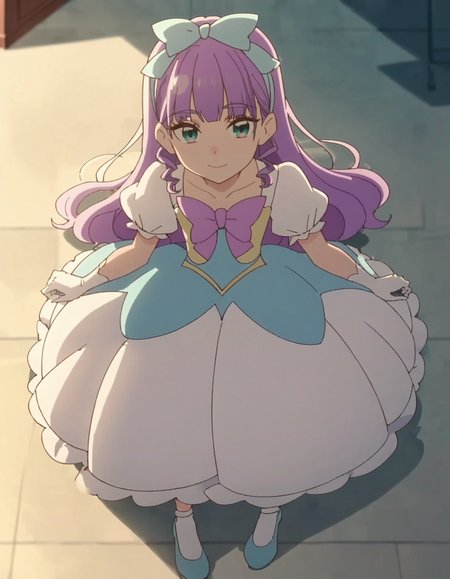 score_9, score_8_up, score_7_up, anime screencap,1girl, solo,dress, long hair,   purple hair, white gloves, looking at viewer, smile,   hair bow, blue footwear,  blue eyes, puffy sleeves, bangs,  blue bow, shoes,  purple bowtie,,blue frills, <lora:elleelain:0.8>