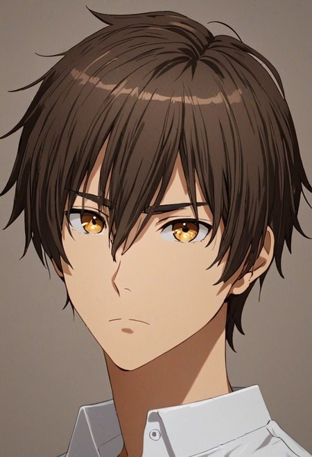 Highres, Masterpiece, High Quality, 4K, 8K, solo, 1Boy, Seiya Kanie, short dark brown hair, golden eyes, Shirt, passport_photo_style, looking at viewer, focused gaze forward, plain background, straight body, head upright, easynegative, detailed_eye_model