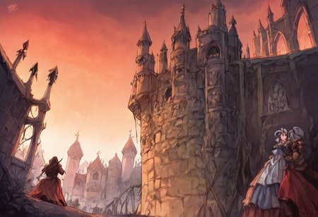 score_8_up. score_7_up, score_9, uncensored, 33dotdot, 33DOTDOT, mirham, hdr, hd, hyper realistic, simple navel, vintageillustration, comic, comics,
(darkly, scary, oppressive, devastation,)
outdoors, protective walls, huge walls, castle gate, valley, castle, medieval city outside, scary castle, medieval time, flag on the tower,
view outside of walls, view from afar, outside view from a distance, view from distance, side view, interesting view, interesting angle,
