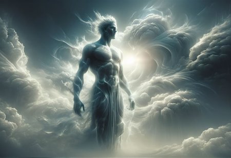 Powerful mighty genie, magical spirit made of thin air, creates and controls storm, ethereal and commanding presence, mythical magical creature, swirling winds, thansparent, ghostly, uncanny elemental of wind, intense storm clouds, ancient and wise expression, mystical symbols, hovering above the ground, dark and turbulent sky, fierce and majestic, awe-inspiring, cinematic, 8k, ultra-realistic, dramatic lighting, detailed textures, octane render, unreal engine, volumetrics dtx, best quality, 32k, masterpiece, (bottom_view, photo_from_bottom:1.2), tornado instead of legs
