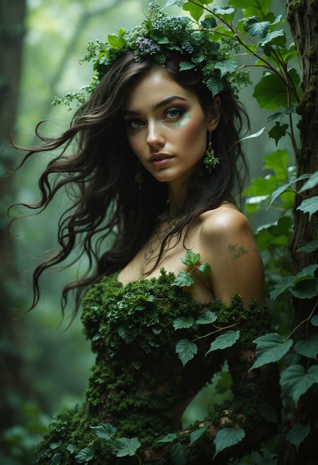 A sensuously enchanting forest dryad, her eyes glowing with mystique, exudes a seductive allure as she stands surrounded by vibrant leaves, her clothes made of green foliage that blends seamlessly with her mystical woodland home. This stunning portrait captures the essence of a mythical being, radiating an aura of magic and allure. The rich, detailed description and exquisite charm of the subject make this image truly exquisite, captivating viewers with its ethereal beauty.