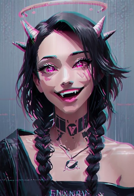 score_9, score_8_up, score_8, female, cel-shading, backlit, big eyes, cute eyes, delicate features, short hair, (braided hair), black hair, portrait, nsfw, smug, seductive eyes, horns, hologram halo, 0xYung, techwear, cyborg, cybernoir, heavy rain, rainrops, (((dark))), sexy, sensual glare, pink eyes, black sclera, tongue sticking out teasingly, big chest, lineless, flar color, toothy smile, fangs,