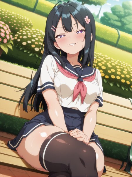 highres, hi res, best quality, masterpiece,, (anime coloring, anime screencap:1.1), shiny skin, TRexStyle,
girl sitting in a bench, hands on thighs, long black hair, school uniform, skirt, black thighhighs, cute hair ornament, bright pupils, blush, medium breasts, (narrow waist:1.1), wide hips, thick thighs, looking at viewer, cowboy shot, dynamic pose, wide shot, solo, sexually suggestive, naughty face, blush, dutch angle,, crossed legs, portrait, garden behind her, flowers, 
 <lora:ATRex_style-12V2Rev:1>