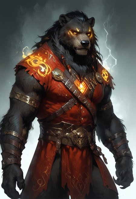 score_9, score_8_up, score_7_up, (Volibear), (bearfolk), (werebear), (bear), simple stormy background, yellow glowing eyes, massive, hulking, male, 1man, solo, berserker outfit, barbarian outfit, red outfit, barbarian bone jewelry, , red wapaint, red runic tatoos, standing up straight, calm face, (black fur), black hair, long hair, closed mouth, cowboy shot