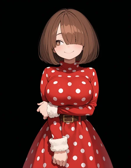 <lora:Komori Kinoko - My Hero Academia (IllustriousXL):1>
1girl, solo,
kinok0, brown hair, brown eyes, x-shaped pupils, bob cut, hair over one eye, 
red dress, polka dot dress, long sleeves, fur-trimmed sleeves, belt, 
standing, looking to the side, 
large breasts, arms under breasts, 
straight-on, smile,, masterpiece, best quality, amazing quality,, (simple background, black background:1.1),