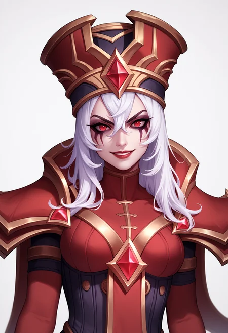 score_9, score_8_up, score_7_up, BREAK,
1girl, sallywhitemane, white hair, long hair, red eyes, makeup,
hat, armor, corset, pauldrons, pelvic curtains,
upper body, evil smile, looking at viewer, solo, simple background, white background   <lora:SallyWhitemaneXL:1>