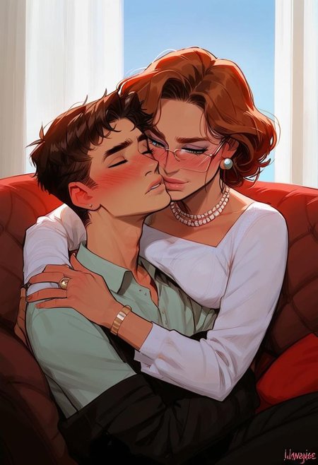 a mother (woman(milf(42 yo), maternal, caring, loving, attentive, affectionate, natural, intelligent, sophisticated, affectionate, seductive, teasing, sultry, sensual, beautiful eyes, looking at her son) and her son (male, adult, blushing, innocent, reluctant, chaste, serious, responsible, nerdy, looking at mother) in a scene of sexual tension(mother is subtly trying to tease son, son is attracted to mother but is avoidant of sexual interaction), sitting apart on a long sofa at home(lavish residence, blue sky view, intricate lighting), score_9, score_8_up, score_7_up