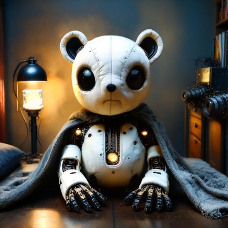 photo of Hyperrealistic art Wonderful, intricate, (colorful), This artwork draws from the Dutch Golden Age's rich palette and dark, grungy backgrounds to evoke nostalgia and decay, while its bright tea and strong shadows add depth. Influenced by Roy Lichtenstein's bold colors and distorted imagery, it features a center-stage, oversized vintage plush toy with glossy eyes and metallic arms, exuding an eerie aura from its weathered appearance. Beneath it lies a Scottish rug with deep crimson hues, merging Scottish and Indian artistry. The room, a cozy bedroom, reflects an artist and gamer's world with an illustrator’s desk, graphic novels, video games like The Legend of Zelda and Cyberpunk 2077, sci-fi plushies, and gaming memorabilia. A bed with soft blankets, a dresser, mood lighting, a 65-inch TV, and a leather recliner complete the intimate, balanced space.
(white and iridescent colors:1.1) bright colors, alchemist, alt_style, cinematic, 35mm film, 35mm photography, film, photo realism, DSLR, 8k uhd, hdr, ultra-detailed, high quality, high contrast,
<lora:xl_more_art-full_v1:1>
easynegative, FastNegativeV2, CyberRealistic_Negative, reelmech, mechanical parts, cable, wires, machinery, joints, body suit, toy_face, ltctr, color + light contour