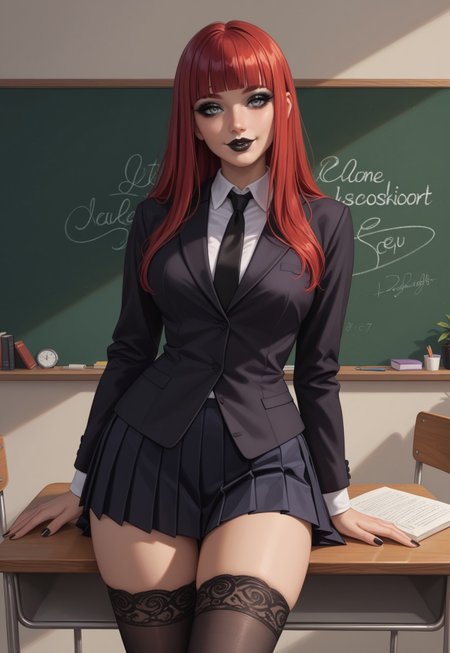 score_9, score_8_up, score_7_up, source_anime, source_explicit,,flat colors, flat illustration, lineart, highly detailed, ultra detailed,
girl as a goth, black makeup, black lips, blunt bangs, voluptuous body, grey eyes, big lips, lipstick, red hair long hair straight hair,
wearing school uniform, blouse, black shirt with black tie, long sleeves, black pleated skirt, stockings,
indoor background, blackboard, teacher's desk, 
front view, professional lighting, smile, posing