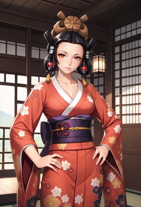 score_9, score_7_up, source_anime, 1girl, cowboy shot, looking at viewer, hand on own hip, <lora:zs_IzanamiNINEXL:1> izanamismt, black hair, hair ornament, red eyes, tattoo, medium breasts, collarbone, floral print, kimono, sash, wide sleeves, indoors, japanese architecture