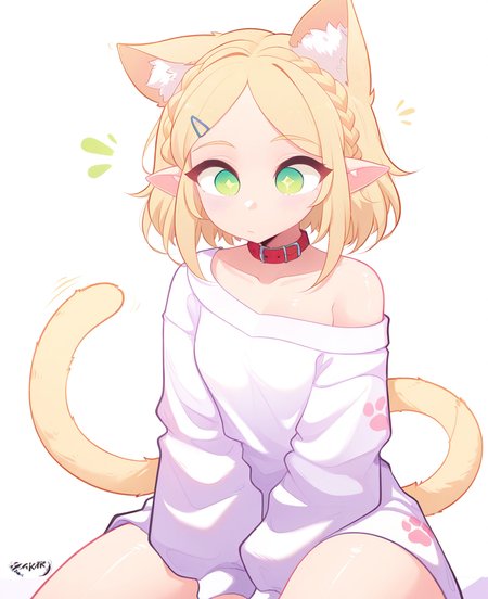 <lora:zackir7:1> zackir7,
(masterpiece), (best quality), (ultra-detailed), amazing quality, very aesthetic, illustration, perfect composition, intricate details, absurdres, incredibly absurdres, shiny skin, realistic,
 zackir7, 1girl, pointy ears, cat tail, animal ears, tail, solo, cat ears, blonde hair, white background, collar, braid, kemonomimi mode, simple background, , green eyes, hair ornament, collarbone, off shoulder, hairclip, paw print, long sleeves, red collar, sitting, animal ear fluff, parted bangs, short hair, shirt, sensitive