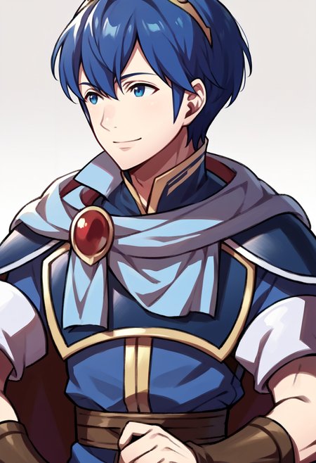 score_9, score_8_up, score_7_up, source_anime, BREAK solo, 1boy, <lora:zs_AwakeningPortraitsXL:1>, awakeningportraits, portraits, white background, <lora:Marth-pdxl_Fp:1>, marthfe, blue hair, blue eyes, short hair, tiara, blue tunic, armor, cape, smile
