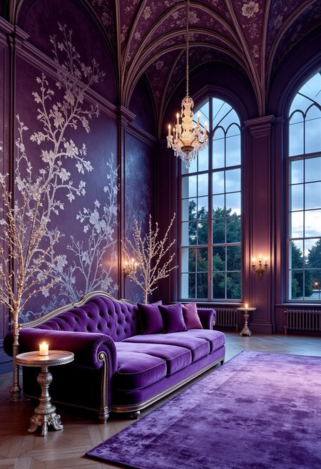 Amethyst & Silver Ballroom with Candlelit Glow
A cathedral-like ballroom with deep amethyst-colored walls, adorned with silver floral murals that shimmer subtly in the soft candlelight. The soaring ceilings feature crystal chandeliers dripping with silver chains, creating a mesmerizing interplay of light. A massive velvet sofa in rich plum and indigo hues is the centerpiece, surrounded by ornate silver side tables holding flickering candles. The floor-to-ceiling arched windows let in a faint, silvery-blue glow from the twilight sky, casting an almost dreamlike aura over the space.