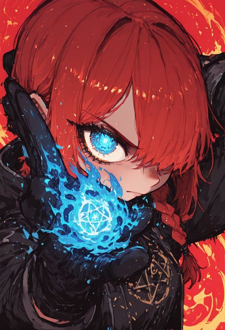 score_9, score_8_up, score_7_up, masterpiece, best quality, very aesthetic, detailed face, (dynamic:1.2), stylized, illustration, dynamic pose, (nsfw:1.2), girl, small nose, highres, absurdres,<lora:ck-shadow-circuit-IL:0.4> in the style of cksc, <lora:mon_monmon2133:0.2> <lora:Rapscallion_Illustrious:0.25> Rapscallionstyle, <lora:incoth:0.25> incoth, (incase:0.6), <lora:r17329_illu:0.35> r17329_illu, looking at viewer,  <lora:flatline_v2_-_Illus_x_Niji:0.35> Flatline, Flat vector illustration girl, anime girl,  fire, firestorm, blue flames, oxygen fire, angry, looking at viewer, shivering, cold, <lora:perspective:1> perspective, striking eye, blue eye, blue sparks, fiery, glowing eye, (close up:1.3), extremely detailed, detailed eyes, striking face, very zoomed in, zoom, only face, huge eyes, braided hair, hair over eye, red hair, close up, blue magic, face, hands behind head,  <lora:WeaponSpellBindIL:0.6> spell bind, pentagram eyeâââ