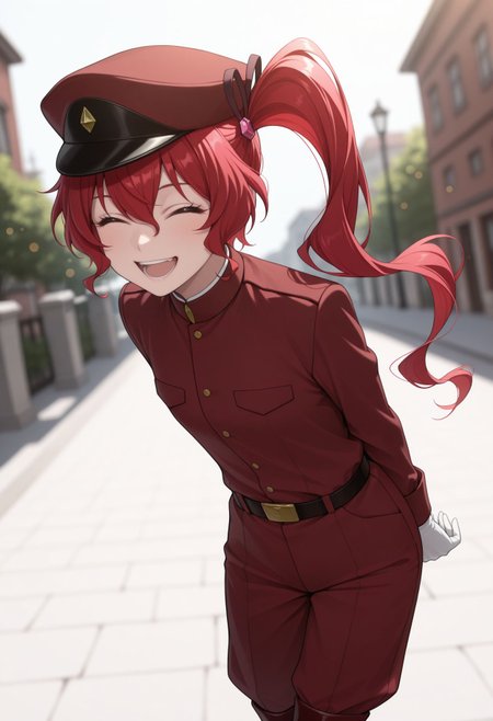 masterpiece,best quality,absurdres,highres,very aesthetic,high quality,detailed,insanely detailed,beautiful,perfect lighting, ,depth of field,blurry background,bokeh, looking at viewer, smile, 1girl, closed eyes, , smile, open mouth, white background, simple background
 <lora:Teruko Ôkura illu:1> 1girl, red hair, side ponytail, red eyes, long hair, military uniform, hat, white gloves, belt, red pants, boots,