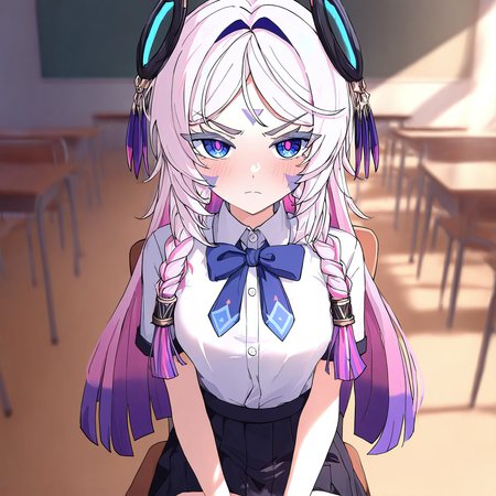 1girl, solo, citlali, schoolgirl uniform, black skirt, white shirt, sitting, on chair, cowboy shot, blue eyes, angry, v-shaped eyebrows, medium breasts, pink pupils, looking at viewer, indoors, class, masterpiece, best quality, absurdres, highres,