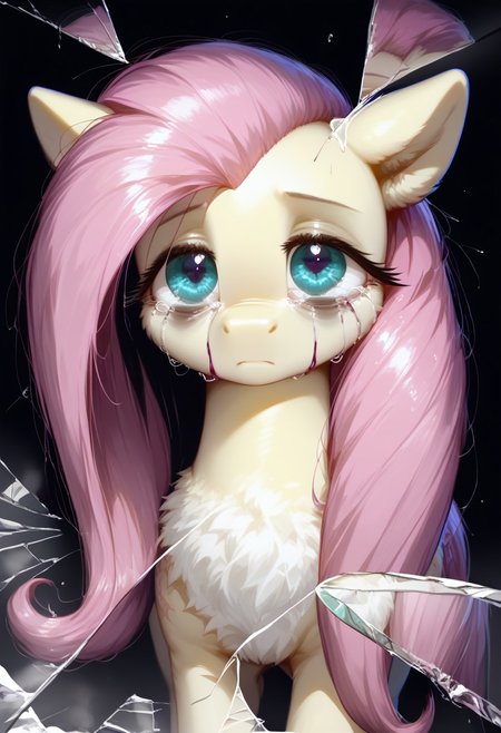 rating_questionable, score_9, score_8_up, score_7_up, pony, feral, fluttershy, reflection, Broken glass, dark theme, moody, bags under eyes, depressed, purple blood, scars, charming eyes, small tears, detailed, realistic, BREAK, zPDXL3, MegaFluffyPony, fluffy, shiny,