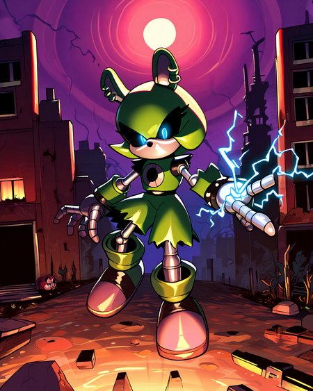 score_9, score_8_up, solo, Surge the tenrec, glowing eyes, black sclera, robot, metal skin, shiny skin, no mouth, outdoors, robot joints, night, (dark lighting), (horror theme), apocalyptic, electricity manipulation <lora:Robotization_Pony:0.7>, score_9, score_8_up,
