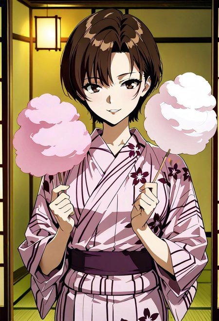 Masterpiece, 8k, aesthetic, beautiful eyes, beautiful hair, beautiful skin, soft lighting, soft shadow, ,simple background, Maya Ibuki, , brown eyes, dark-brown hair, asymmetrical bangs, short hair, frown  , pink yukata,  small breast,  , (undercut hair:0.7) ,  parted lips, indoors, smiling, cotton candy,