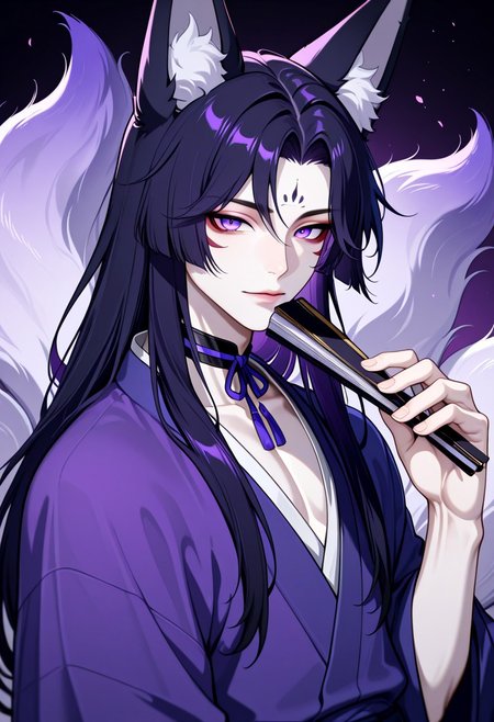 masterpiece, very aesthetic, newest, high score, best quality, absurdres, kitsune_yokai, solo, long hair, looking at viewer, black hair, 1boy, holding, animal ears, purple eyes, tail, upper body, purple hair, male focus, japanese clothes, choker, fox ears, makeup, fox tail, facial mark, multiple tails, pale skin, hand fan, forehead mark, folding fan, holding fan, bishounen