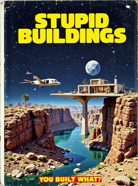 A photo of a retro, 1980s-style manual featuring a cover photograph of a Villa on a bridge between two impossibly tall cliffs on the Moon: A striking villa built atop an elegant bridge between two impossibly tall cliffs above a completely barren, dry, Lunar landscape. The design features modern materials that complement the surroundings while remaining distinct, with large terraces overlooking the cliffs. The villaâs structure seems impossibly arranged, tumbling over itself. The whole villa is covered by a clear glass dome, keeping it airtight. The header in blocky yellow text "Stupid Buildings". Subtitle below the picture is "YOU BUILT WHAT?". V1llas1nNa1ure <lora:FLUX_V1llas1nNa1ure_LoRA:1> <lora:1980s_Technical_Manuals_Flux:1> <lora:TextimproverV0.4:0.85> aidmatextimprover,
