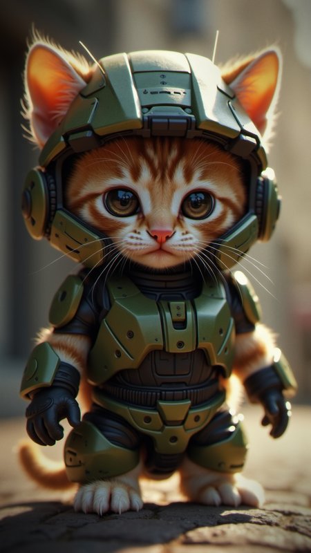 (adorable kitten:1.4), wearing (Master Chief helmet:1.6), (large eyes:1.2), soft fur, tiny paws, (military armor:0.8), epic atmosphere, warm lighting, (cute:1.5), playful, (hyper-realistic:1.3), ultra-detailed, (futuristic:1.1), dynamic pose Art Styles: hyper-realistic, digital painting Artist: Gregory Colbert