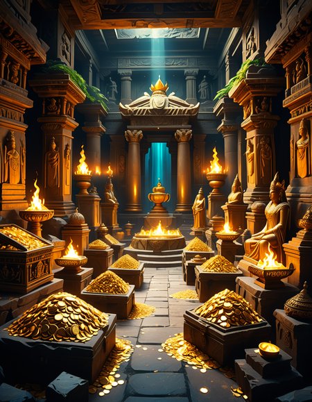 score_9, score_8_up, score_7_up,amazing quality, ultra realistic, 3D, HD, best quality, amazing quality, very aesthetic, absurdres
A hidden treasure chamber deep within an ancient temple, illuminated by the warm golden glow of torches and mystical blue light from enchanted crystals. The room is filled with piles of gold coins, jewel-encrusted goblets, and ancient artifacts covered in dust. Massive stone statues of forgotten deities guard the chamber, their eyes glowing faintly as if watching intruders. In the center, a grand pedestal holds a legendary artifactâan ornate golden crown encrusted with emeralds and sapphires, shimmering with an otherworldly aura. The walls are adorned with intricate carvings depicting lost civilizations, and creeping vines hint at centuries of abandonment. The atmosphere is mystical and slightly eerie, with a sense of both wonder and danger. The air is thick with the scent of aged parchment and burning incense, adding to the chamberâs ancient and mysterious feel. Cinematic lighting with dramatic shadows enhances the depth and richness of the scene, creating a visually stunning and immersive environment.
<lora:SDXLFaeTastic2400:0.4> <lora:extremely_detailed:0.4> extremely detailed,treasure ch4mb3r, <lora:treasure_ch4mb3r-p:1>