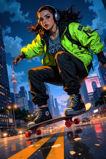 Under the buzzing glow of streetlights, a skater with a half-shaved head and a neon-green bomber jacket rides down the center of an empty midnight highway, carving smooth arcs across the asphalt. Her black cargo pants are tucked into high-top sneakers, scuffed from a hundred nights of pushing limits and chasing speed. A trail of glowing sparks follows her custom board, its underside lined with pulsing LED strips that flicker in sync with the lo-fi beats blasting from her wireless headphones. The city looms in the distance, skyscrapers twinkling like distant constellations, but out here, itâs just her and the road. She pushes forward, the wind whipping against her face, her sharp silver earrings catching the light. In this moment, she is pure motion, pure freedom. , detailed background  Fantastic lighting. Detailed shadows.intricate details, vivid colors, hyper-detailed, ultra-sharp, , <lora:RetroAnimeFluxV1:0.4> <lora:Vintage comic book:0.7> <lora:MoriiMee_Gothic_Niji_Style_FLUX:1.0>