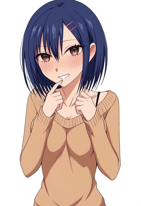 anime screencap, anime coloring,
simple background, white background,
BREAK
1girl, solo, kyou-chan, short hair, dark blue hair, hairclip, hair ornament, sweater, looking at viewer