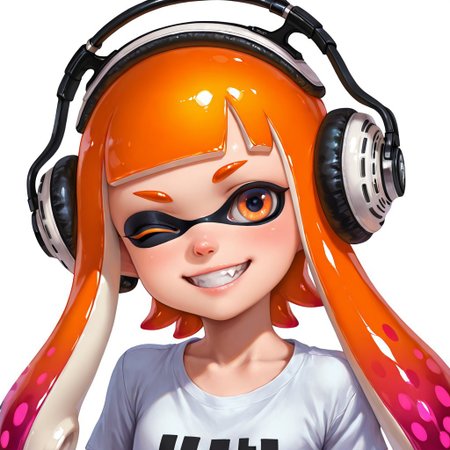 FutureFightStyle, ((semi realistic)), masterpiece, best quality, absurdres, ultra-detailed, high resolution, 
inkling, 1girl,  orange eyes, pointy ears, orange hair, cartoon, kid, young, wink, big headphones, anime, long hair, smile, shirt, grin, t-shirt, ((headshot))