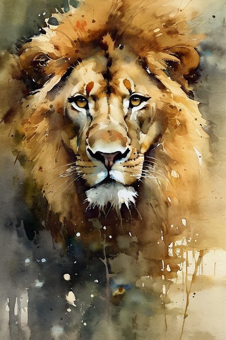 Watercolor masterpiece,lion,impressionist art painting by Jeremy Mann,Miles Johnston,Alasdair McLellan,Daniel Merriam,Peter Glick,Darius Klimza,spectacular backlighting,perfection,gorgeous art,beautifully lit,dark atmosphere,surreal,ethereal,exquisite detail,brilliant,wonderful,outstanding,amazing colors,mysterious,watercolor wash,<lora:Watercolor _sdxl:1.3>, Watercolor style,