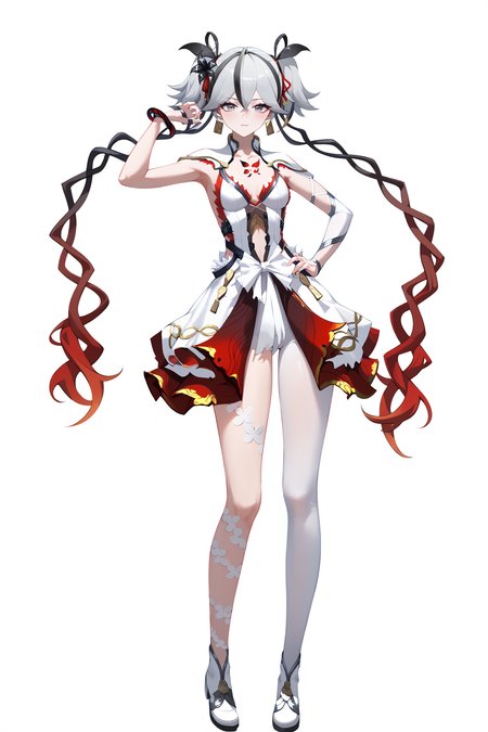 score_9, score_8_up, score_7_up, score_anime, 8k, best quality, masterpiece, (ultra-detailed), (high detailed skin), (by nanoless, by misumi \(macaroni\),:0.5), <lora:YLI 0.1v:0.25>, <lora:style1:0.25>, 
A full-body portrait of a young girl, standing gracefully, pastel art style, high-key lighting, shoujo manga influence, hd quality, delicate details, 
full body, full shot, standing, looking at viewer, (solo:1.2), simple background, white background, hand on own hip, 
<lora:chun-pony-Tanger-000018:0.8>, chun, white chun-def dress, 1girl, red floral tattoo on chest, breasts, twintails, multicolored hair, grey hair, grey eyes, dress, white single pantyhose,