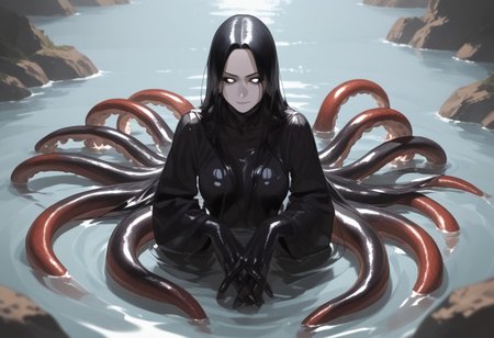 abbystea style, zPDXL2, score_9, score_8_up, score_7_up,  monster girl, beautiful face, tentacle hands, black body color, long octopus hair:1.2, black body, extremely detailed, skin texture, glistening body, red scales on body, dripping wet body, oiled, long sleeves, white face, black sclera, (shining white eyes), emerging from water, monster body, glossy eyes, arching back, seductive smirk, wicked smile, Expressiveh, mature woman, long hair, fullbody