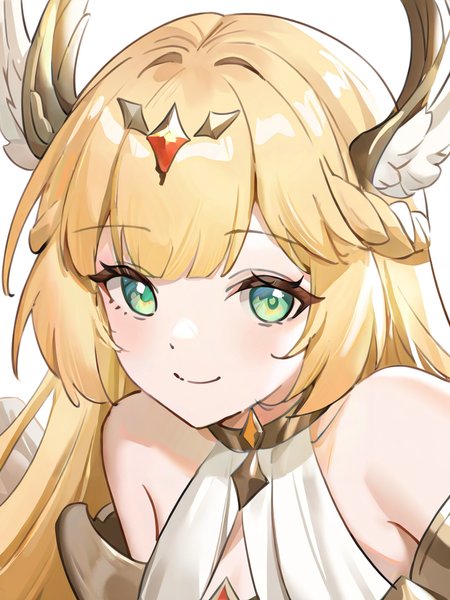 mijiale,blonde hair,green eyes,white dress,head wings,1girl,solo,looking at viewer,simple background,white background,looking at viewer,,smile,close-up,<lora:mijiale-000014>, masterpiece, best quality, very aesthetic, absurdres,newest, incredibly absurdres,