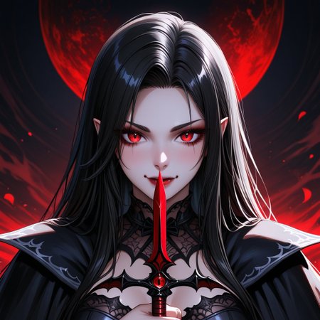 A beautiful vampire woman with black hair and red eyes, holding a sword in her hands, in the style of fantasy art. This digital painting features a full-body portrait with a fantasy background, in a dark gothic theme. The detailed face and sharp focus create a captivating dark fantasy setting