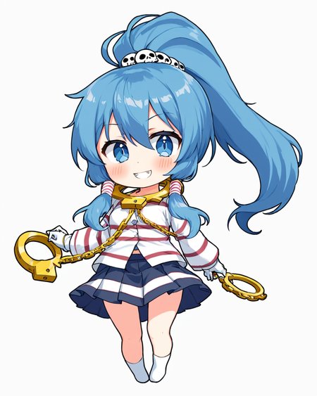 miyadeguchi mizuchi,ghost_tail, striped_shirt, solo, 1girl, ponytail, striped_skirt, chain, shackles, long_sleeves, transparent_background, full_body, skull_hair_ornament, blush, sharp_teeth, grin, chibi, simple_background, hair_tubes, white_pupils, white_gloves
<lora:miyadeguchi_mizuchi_image85_2023-12-20-000056:1>,star-shaped_pupils,symbol-shaped_pupils,. gorgeous,key visual, vibrant, studio anime,award-winning, professional, highly detailed,high budget, cinemascope
