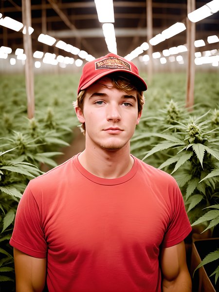 michaelsynth:0.3 man portrait, closeup, face focus, head and shoulders, in an empty wearhouse, neatly organized rows of marijuana plants, wearing a red t-shirt, jeans, and a cowboy hat.