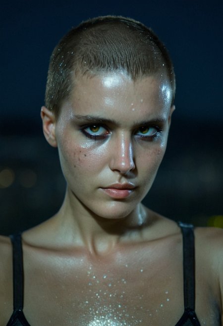 Buzzcut, no hair, bald, Blade Runner style, cinematic film still, (Skin Texture, pores, natural,iPhone,RAW)), natural lighting, Highest Quality closeup Portrait photo of a woman with a ((buzzcut)), silver eyes, Nikon Z9, realistic matte skin, blurry city in the background, at night, moody, epic, gorgeous, 8K,